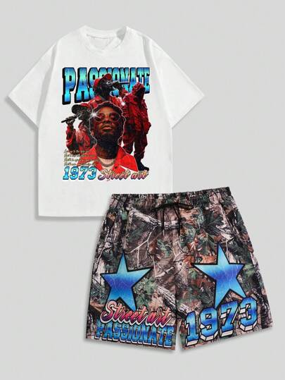 Street Life 2pcs Men's Portrait Printed Short Sleeve T-Shirt And Shorts Set, Everyday Casual, Spring Summer, School