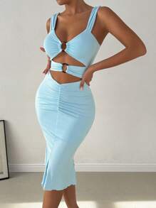 Zolique Vestido ajustado de unicolor con tirantes anchos, plisado, sexy y calado, para uso casual en vacaciones - Celeste - Ver 4