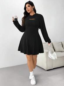 SHEIN EZwear Plus Size Black Chunky Ribbed Sweatshirt & Dress Set For Early Autumn