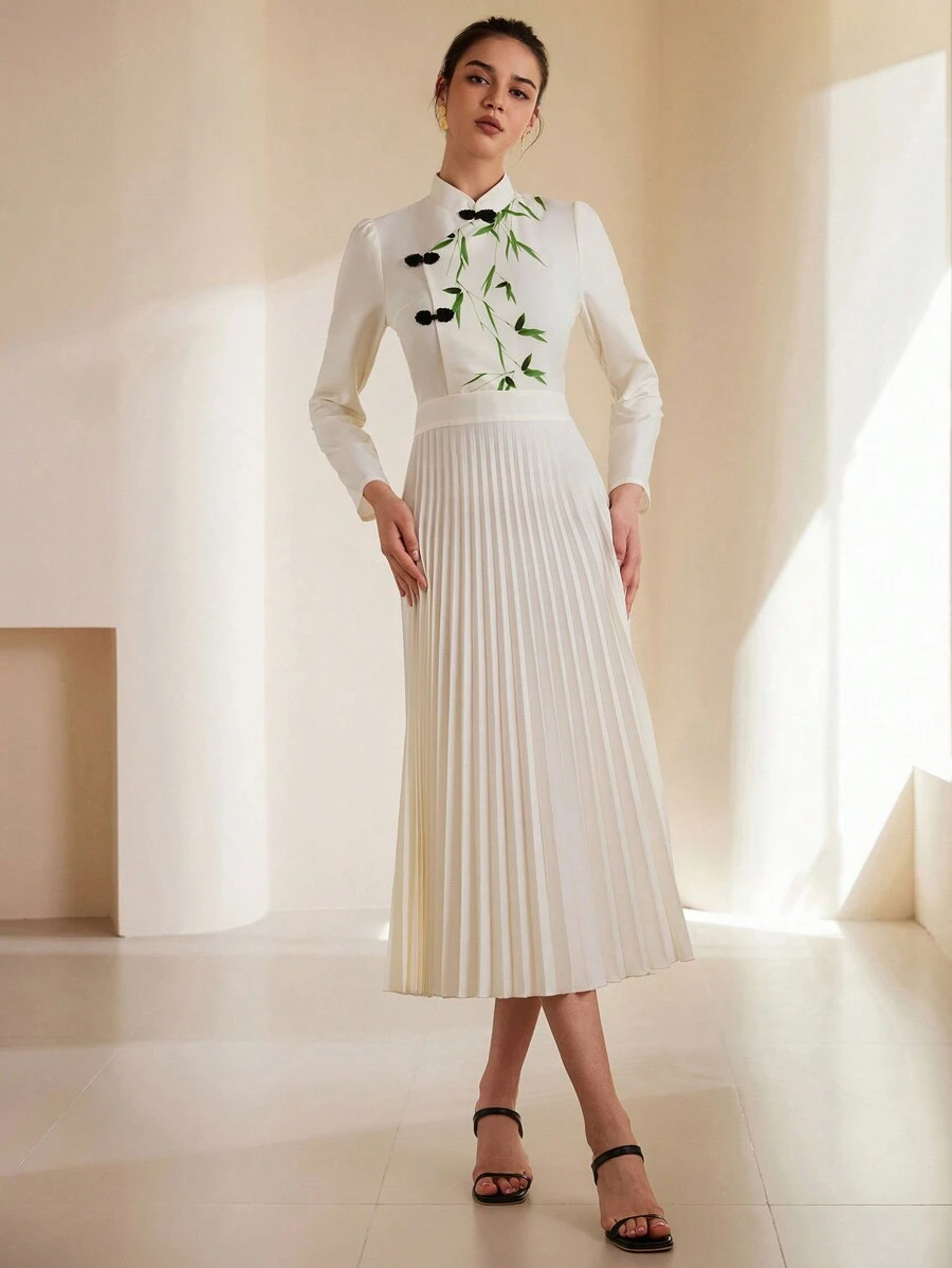 Aveloria Rosie Vestido de manga larga con cuello alto de estilo chino, diseño de bloques de color, estampado de bambú y pliegues, largo medio
