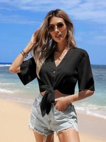 SHEIN VCAY Women's Summer Solid V-Neck Short Sleeve Cropped Casual Blouse