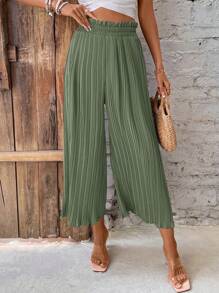 SHEIN Frenchy Pantalones casuales anchos de pierna suelta con pliegues y volantes en el bajo, unicolor, para mujer