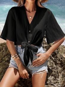 SHEIN VCAY Women's Summer Solid V-Neck Short Sleeve Cropped Casual Blouse