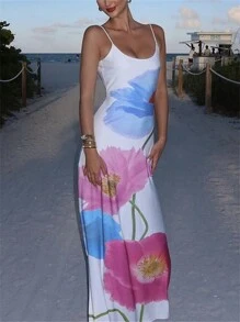 INAWLY 女式花卉印花长款休闲吊带裙，夏季 - 彩色 - 查看 1