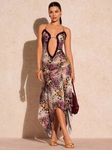 Glamine Damen Vintage Maxikleid im Patchwork-Stil mit Leoparden- und Zebramuster, floraler Spitze und Schnitzerei