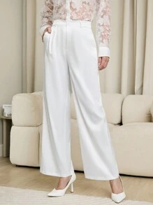 SHEIN LUNE Women's Solid Color Minimalist Daily Casual Long Pants - White - View 4