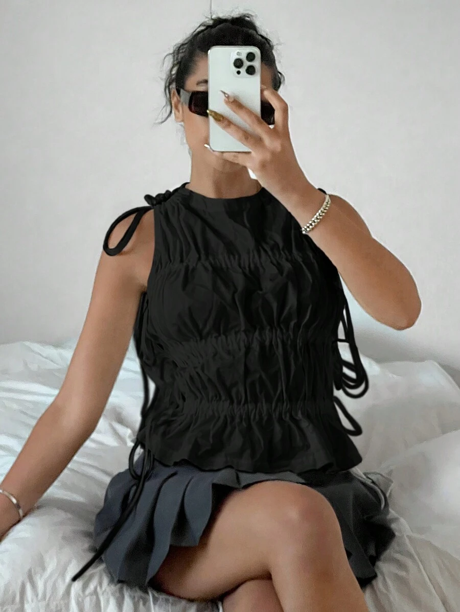 SHEIN EZwear Black Woven Round Neck Ruffle Hem Sleeveless Blouse, Summer