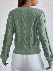 RueChic Solid Cable Knit V Neck Sweater - Mint Green - View 3
