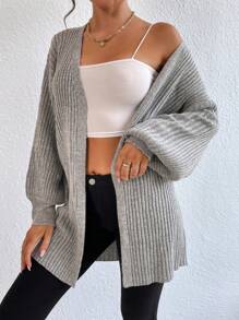 EURMUSE Rib Knit Lantern Sleeve Open Front Cardigan - Light Grey - View 3
