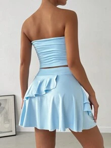 SHEIN X  Ignacia Antonia Calvaya Solid Color Strapless Top With Metal Decoration And Asymmetrical Hem Skirt Set