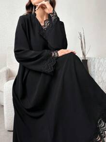 Al Najma 女式纯色简约日常阿拉伯连衣裙，朴素长袖长款阿拉伯长袍连衣裙 - 黑色 - 查看 6