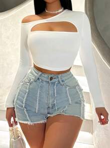 Zolique 女式性感不对称斜肩前镂空设计T恤 - 白色 - 查看 1