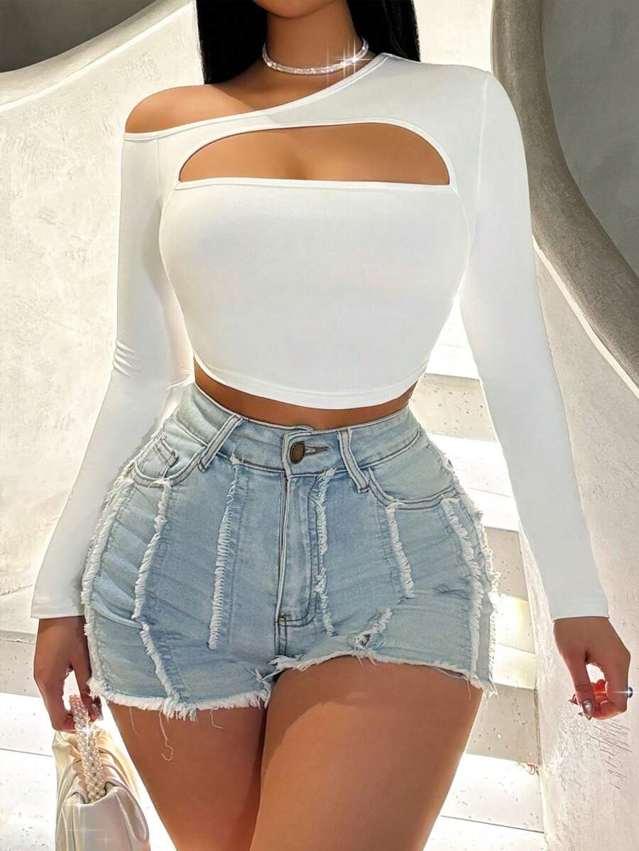 Zolique 女式性感不对称斜肩前镂空设计T恤 - 白色 - 查看 1