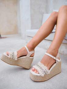 Styleloop Sandalias de plataforma con cuña y flecos para mujer - Blanco - Ver 3