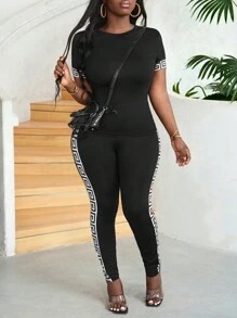 Slaydiva Summer Casual Simple Basic Round Neck Short-Sleeved Cuff Printed Fitted T-Shirt Slim Trousers With Back Print On The Side Black And White Printed Black Knitted Women's Two-Piece Set-I