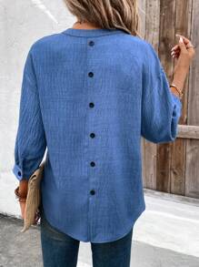 SHEIN Clasi Women's Casual Denim Effect Cutout Back Button Decor Blue Shirt For Holiday