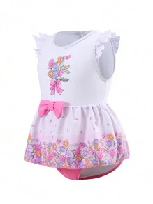 Young Girls Floral Print Bowknot Decor One-Piece Swimsuit - Multicolor - View 3