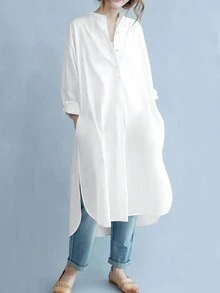 Women's Solid Button Front Curved Hem Shirt Dress Long Sleeve Fashion Casual For Spring, Autumn - White - View 5