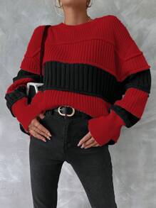 EURMUSE Round Neck Color-block Lantern Sleeve Sweater - Red - View 4