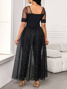 SHEIN Lady Women's Fashionable Elegant Party Black Glitter Mesh Jumpsuit, With Textured Short Sleeves And Mesh, 2-In-1 Style Women Vintage Clothes Teacher Clothes - Black - View 2