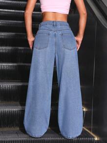 SHEIN PETITE Women Solid Color Simple Daily Jeans - Light Wash - View 2