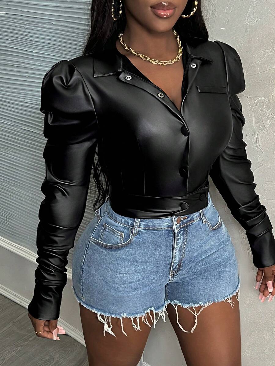 Slaydiva 街头风格优雅黑色 PU 皮革高领开襟夹克 E - 黑色 - 查看 1
