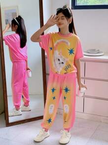 SHEIN Ensemble de 2 pièces pour jeunes filles : T-shirt ample à manches courtes imprimé chat mignon + pantalon de survêtement