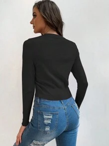 SoleilVie Cárdigan de mujer de cuello en V de manga larga con un solo botón de unicolor, para primavera/verano, Top de manga larga - Negro - Ver 2