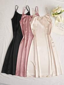 3pcs Ladies' Plain Simple Daily Spaghetti Strap Sleep Dress - Multicolor - View 1