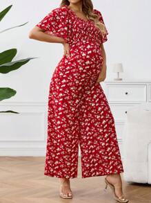 SHEIN 孕妇休闲碎花短袖系腰连体裤 - 紅色 - 查看 1