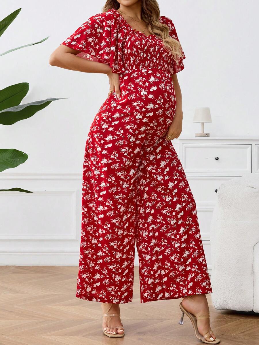 SHEIN 孕妇休闲碎花短袖系腰连体裤 - 紅色 - 查看 1