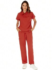 Áo và quần ngắn tay có nút phía trước màu trơn, Đồng phục tẩy tế bào chết mùa hè dành cho chuyên gia chăm sóc sức khỏe - Màu Cam san hô - Xem 8