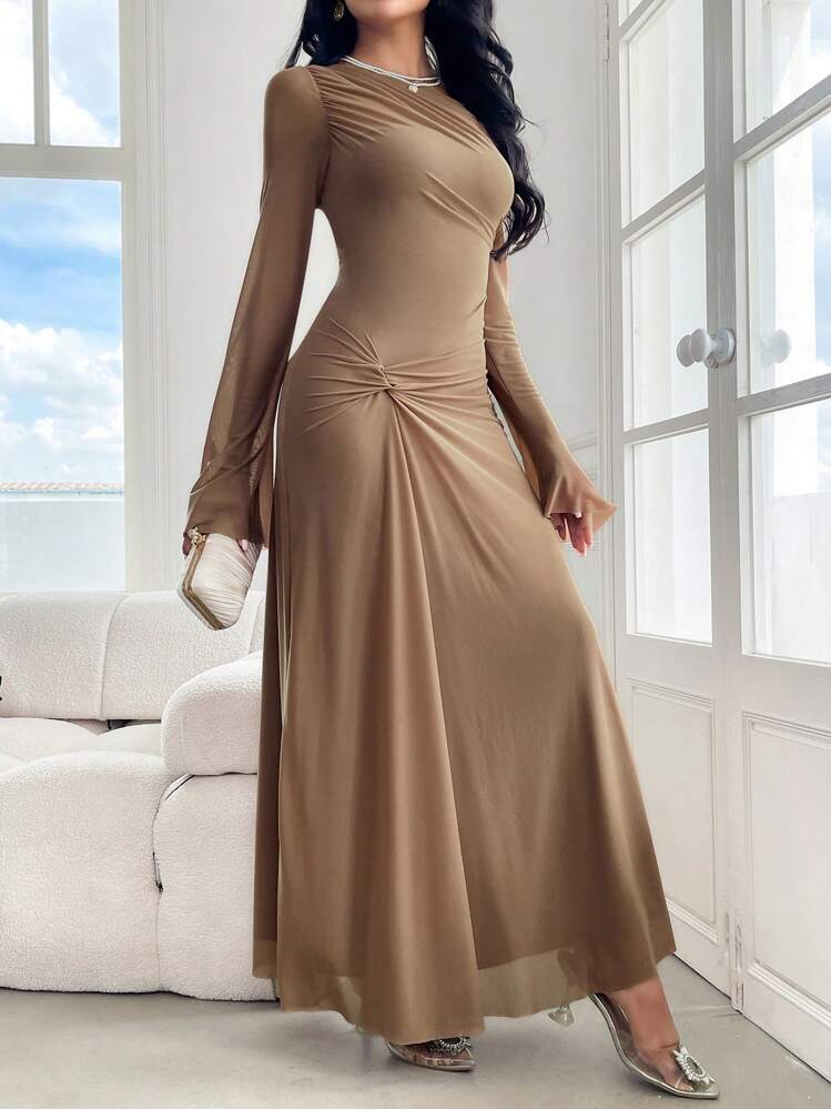 brown long sleeve formal dress Renalia | Brown Square-Neck Maxi Dress With Mesh Long-Sleeves