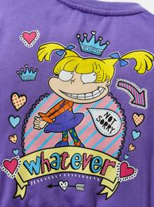 Nick 90s X SHEIN Felpa oversize con stampa di cartoni animati carini a spalle scoperte per ragazza, viola