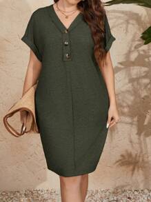 SHEIN LUNE 大码女式纯色简约日常短袖连衣裙 - 軍綠色 - 查看 5