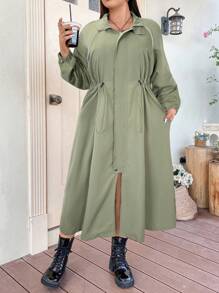 Flirla Plus Size Women's Solid Color Long Sleeve Drawstring Waist Casual Jacket, Spring & Autumn - Green - View 6