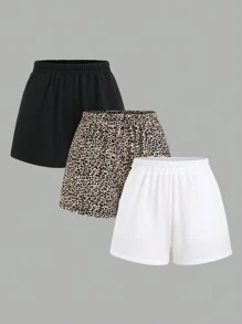 SHEIN Unity 3pcs Women's Elastic Waist Casual Shorts Set, Solid Color And Leopard Print - Multicolor - View 1