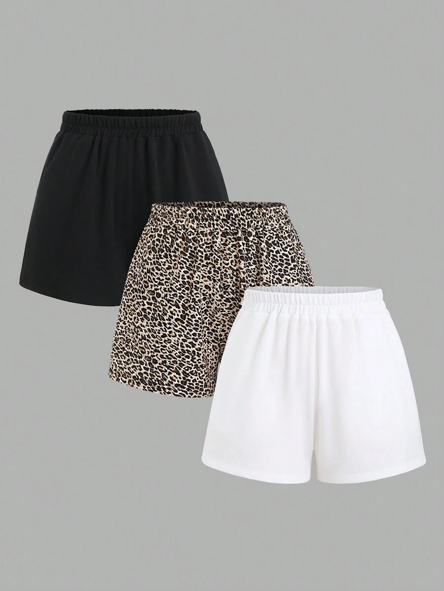 SHEIN Unity 3pcs Women's Elastic Waist Casual Shorts Set, Solid Color And Leopard Print - Multicolor - View 1