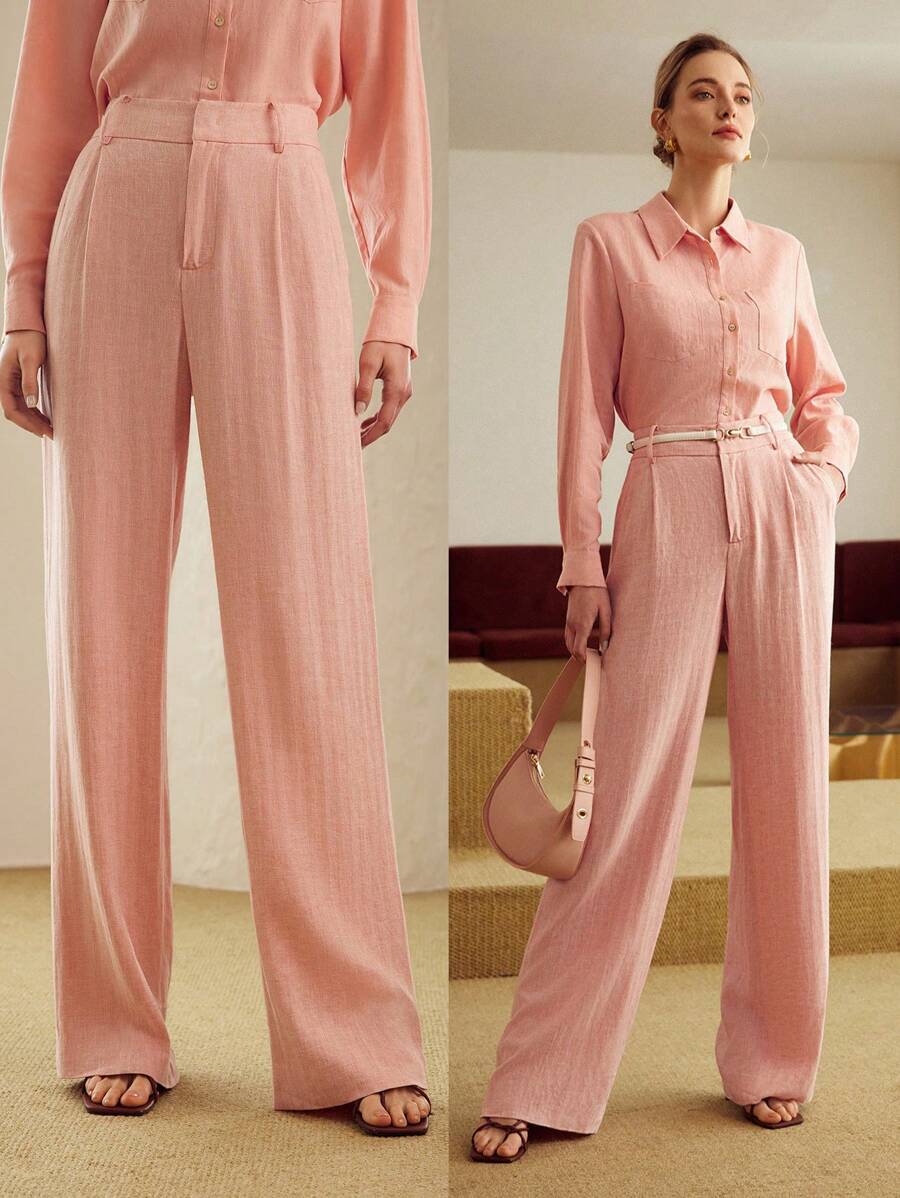 MOTF PREMIUM Pantalones Anchos De Lino Sólido Con Cremallera En Color Liso Para Traje