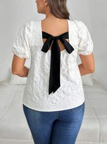 SHEIN Privé 加大码女式撞色蝴蝶结后背衬衫，提花面料后背系带白色衬衫，适合秋季返校 - 白色 - 查看 9