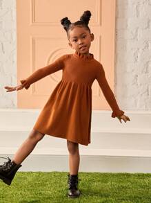 Young Girl Fall Casual Knitted Sweater Dress With Ruffle Trim - Brown - View 5