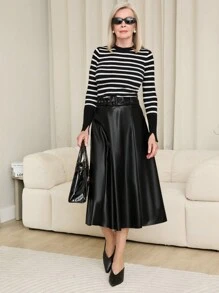SHEIN LUNE 女式系带装饰 PU 皮革黑色长款优雅裙子，秋装 - 黑色 - 查看 1
