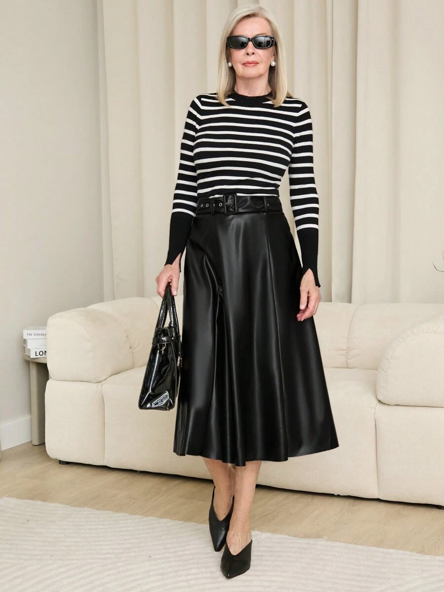 SHEIN LUNE 女式系带装饰 PU 皮革黑色长款优雅裙子，秋装 - 黑色 - 查看 1