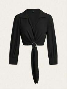 SHEIN LUNE 女款V領扣釦襯衫，配環狀圓環，優雅成熟