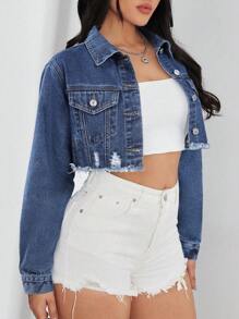 SHEIN EZwear 女式春秋长袖拼接牛仔夹克，带磨边下摆和短款剪裁 - 深色水洗藍 - 查看 4