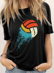 Women's Summer Gradient Volleyball Casual Short Sleeve T-Shirt Print And Slogan, Round Neck
