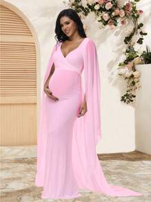 孕妇雪纺飘逸长袖连衣裙，裙摆曳地，适合婴儿派对和孕妇写真拍摄，春季粉色 - 粉色 - 查看 1