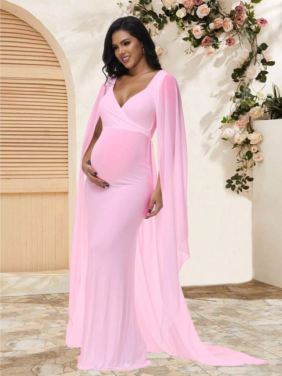 孕妇雪纺飘逸长袖连衣裙，裙摆曳地，适合婴儿派对和孕妇写真拍摄，春季粉色 - 粉色 - 查看 1