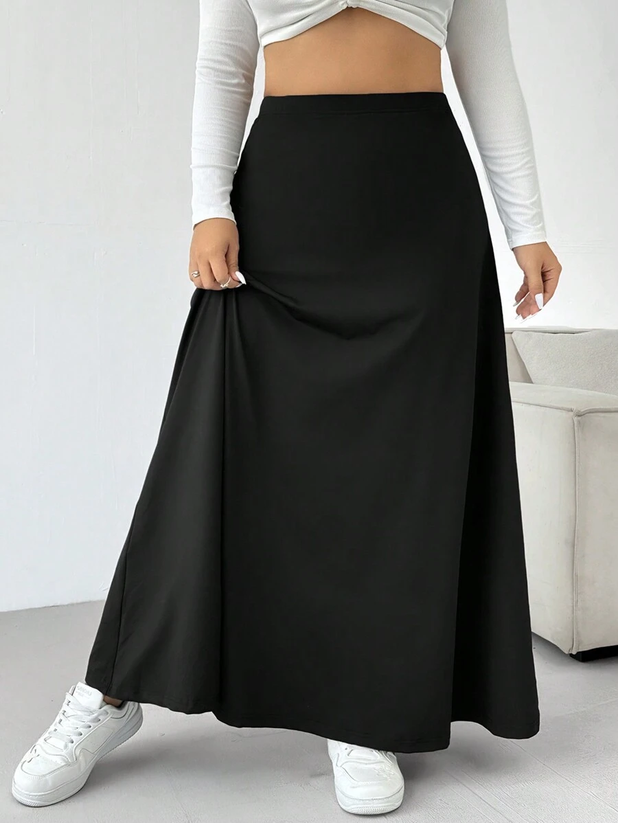 SHEIN EZwear 大码女式纯色高腰日常休闲中长裙 - 黑色 - 查看 1