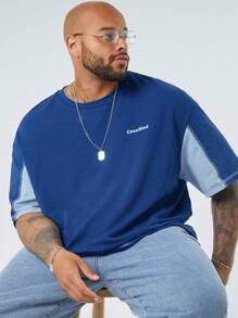 EASEVO Manfinity CozeMod Nam Plus Size Thường Thường vừa vặn vừa vặn Áo thun ngắn tay cổ tròn có in chữ dệt kim chắp vá, thích hợp cho mùa hè - Xanh đậm - Xem 1